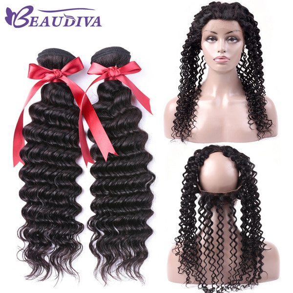 Malaysia Human Hair 2 Bundles With 360 Lace Frontal Deep Wave Human Bundles With Closure Natural Color