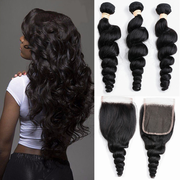 Brazilian Loose Wave Virgin Human Hair 3 Bundles With Lace Closure Free Part 100% Unprocessed Virgin Human Hair Bundles With Closure 4*4