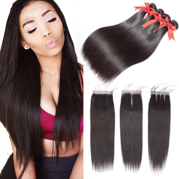 Brazilian Straight Hair with Closure Brazilian Virgin Hair 3 Bundles with Closure Straight 7A Human Hair Weave With Closure