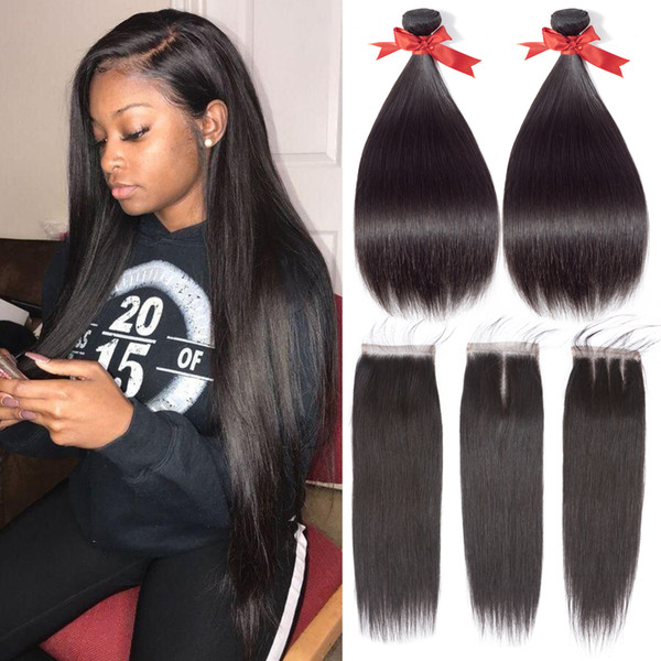 7A Brazilian Virgin Hair Straight 2 Bundles With 4*4 Lace Closure Unprocessed Human Hair Weave Straight Brazilian Hair