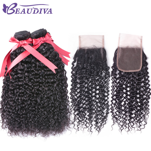 Malaysian Unprocessed Kinky Curly Virgin Hair With Lace Closure Free Part Natural Color Malaysian Human Soft Hair 2 Bundles 4*4