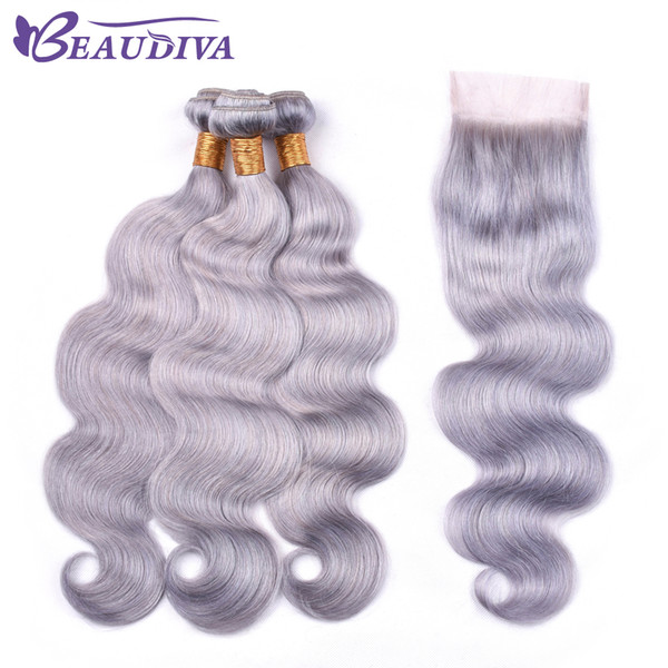 Beau Diva Grey Hair Bundles With Lace Closure Gray Body Wave Brazilian Hair With Closure Remy Human Hair Bundles With Lace Closure