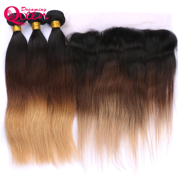 Straight Hair T1B 4 27 Ombre Brazilian Virgin Human Hair Weaves 3 Bundles With 13x4 Ear to Ear Bleached Knots Lace Frontal