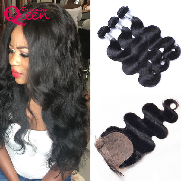 Body Wave Unprocessed 100% India Virgin Human Hair Extensions 3 Bundles With Silk Base Lace Closure Natural Hairline