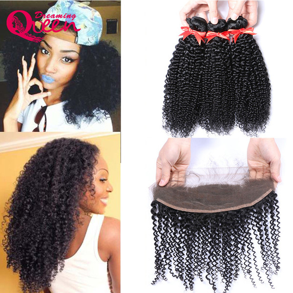 Kinky Curly For Black Women Virgin Human Hair Weaves 3 Bundles With Ear to Ear Lace Frontal Pre-plucked Natural Hairline