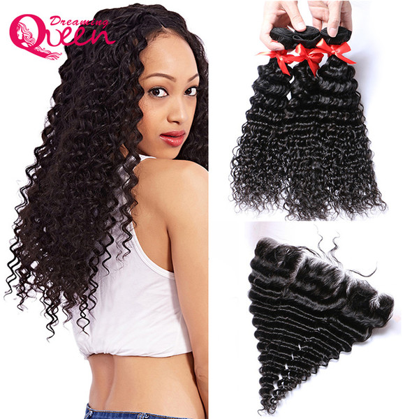 Deep Wave Unprocessed Virgin Human Hair Weave 3 Bundles With Ear to Ear Lace Frontal Pre-plucked Natural Hairline 