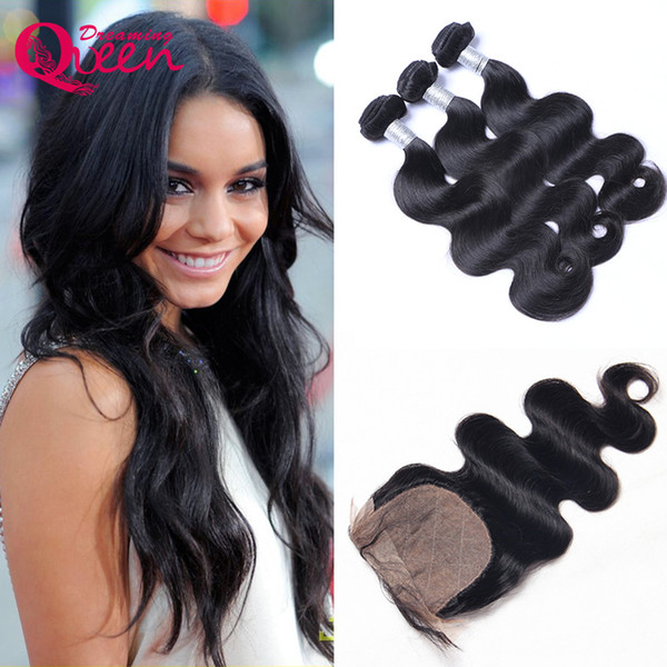 7A Brazilian Body Wave Virgin Human Hair Extensions 3 Bundles With Silk Base Lace Closure Double Weft Hair Weaves 