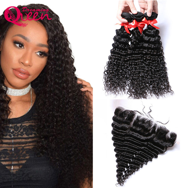 Brazilian Deep Wave Hair Bundles With 13x4 Ear to Ear Lace Frontal 100% Virgin Human Hair Weaves With Pre-plucked Frontals