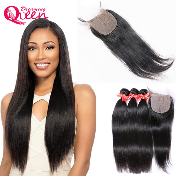 Brazilian Straight Virgin Human Hair Weave 3 Pcs With Silk Base Lace Closure Bleached Knots Double Weft Hair Bundle