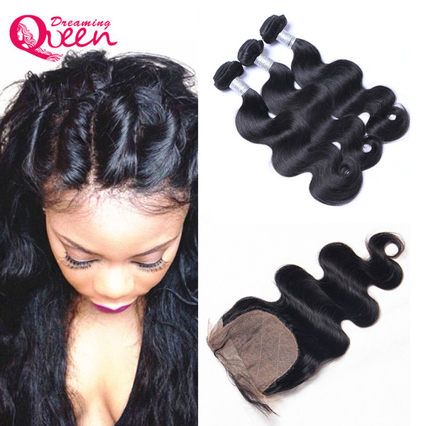 Body Wave Cambodian Hair Extensions 3 Bundles 100% Virgin Human Hair With Silk Base Lace Closure Natural Hairline