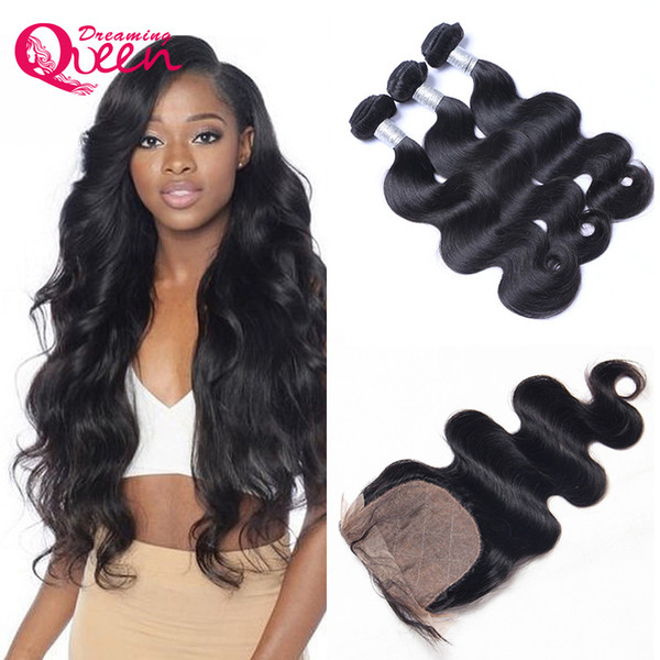 Brazilian Virgin Human Hair Body Wave 3 Bundles With 4x4 Silk Base Lace Closure Pre-plucked 