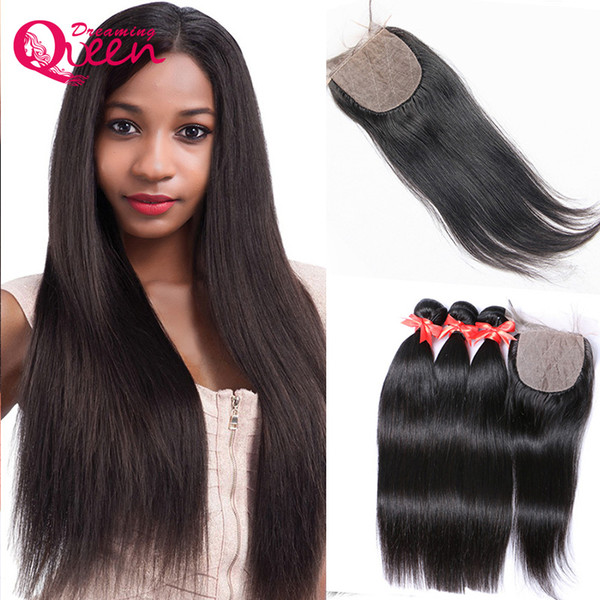 Straight Hair Unprocessed 100% India Virgin Human Hair Extensions 3 Bundles With Silk Base Lace Closure Natural Hairline