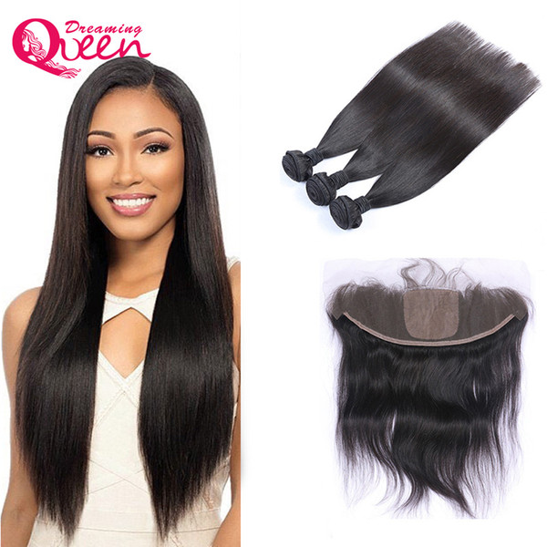 Indian Virgin Human Hair Straight Hair Extensions 3 Pcs With Silk Base Lace Frontal With Baby Hair Natural Hairline Black Color