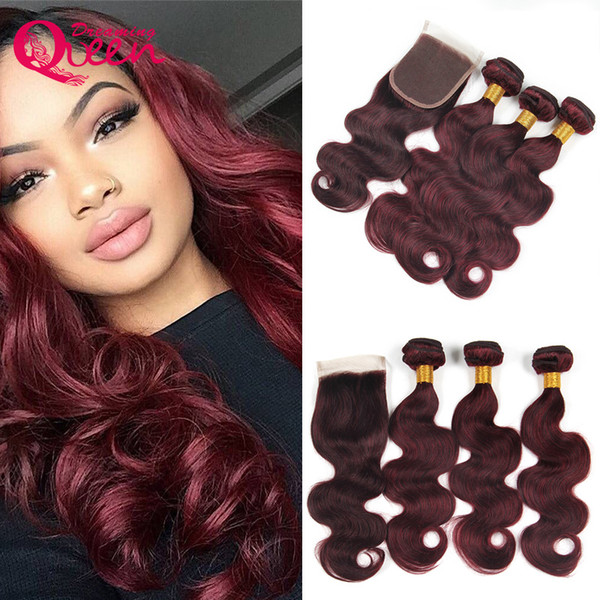 99J Burgundy Ombre Color Brazilian Body Wave 100% Virgin Human Hair Extensions 3 Bundles With 4x4 Lace Closure Natural Hairline