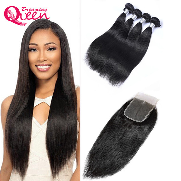 Brazilian Human Hair Extensions Malaysian Peruvian Mongolian Cambodian Unprocessed Straight Hair 3 Bundles With Lace Closure