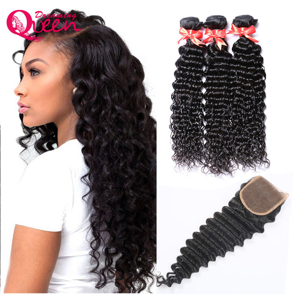 Deep Wave Human Hair Extensions Double Weft Brazilian Virgin Human Hair 3 Bundles With 4x4 Lace Closure Natural Hairline