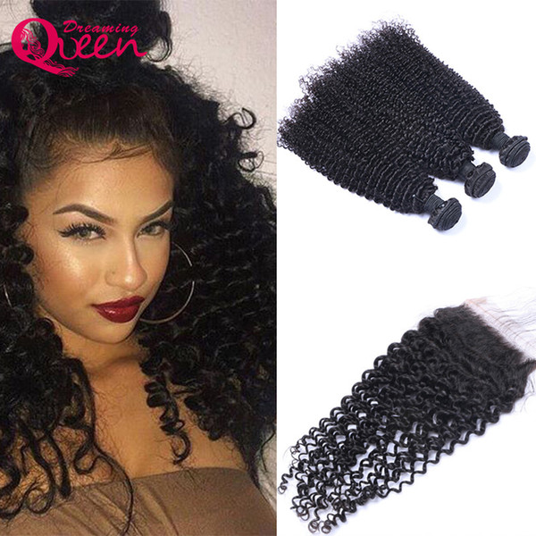 Kinky Curly 100% Mongolian Virgin Human Hair Weaves 3 Bundles With 4x4 Lace Closure Natural Hairline Double Weft Hair