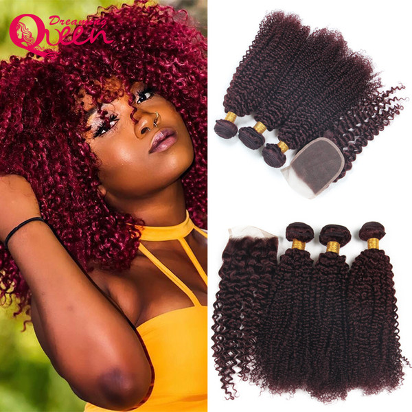 99J Burgundy Ombre Brazilian Kinky Curly Virgin Human Hair Extension 3 Bundles With 4x4 Lace Closure Bleached Knots Natural Hairline