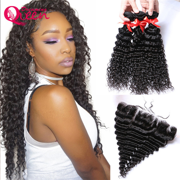 Unprocessed Brazilian Virgin Human Hair Deep Wave Hair Extensions 3 Bundles With 13x4 Lace Frontal Bleached Knots Natural Hairline