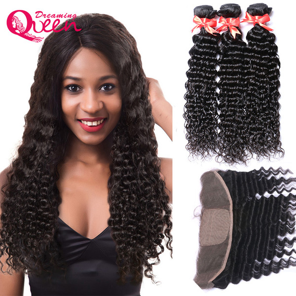 Brazilian Deep Wave Virgin Human Hair 3 Bundles With Ear to Ear Silk Base Lace Frontal Bleached Knots 