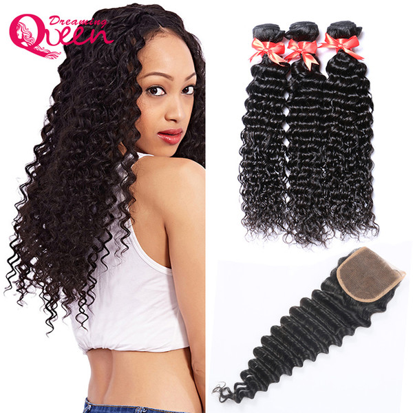 Unprocessed Peruvian Virgin Human Hair Extensions 3 Pcs With 4x4 Lace Closure Deep Wave Best Quality Hair 