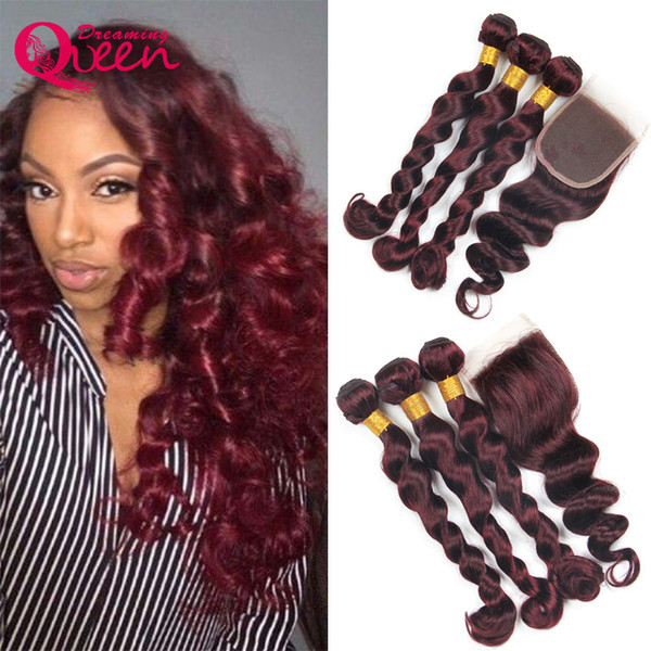 99J Burgundy Ombre Brazilian Loose Wave Virgin Human Hair Weave 3 Bundles With 4x4 Lace Closure With Baby Hair 