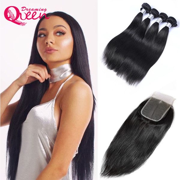 Straight Hair 100% Unprocessed Brazilian Human Hair 3 Pcs With 4x4 Lace Closure Double Weft Virgin Hair 