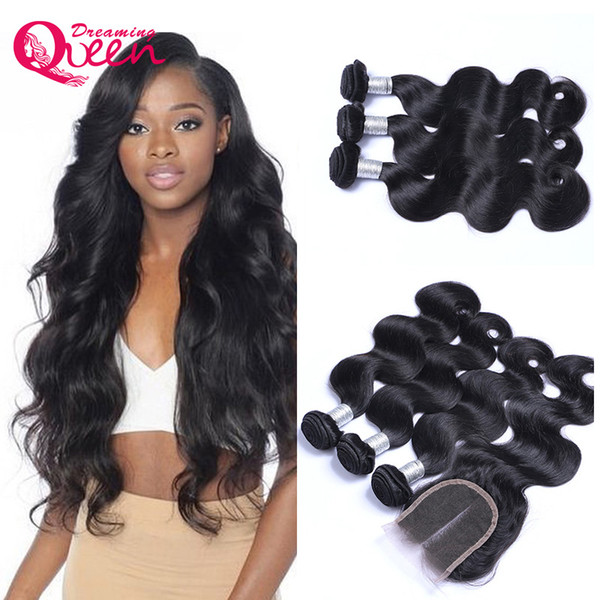 Brazilian Human Hair Bundles 3 Pcs With Lace Closure Bleached Knots 100% Virgin Hair Extensions DHL Fedex 