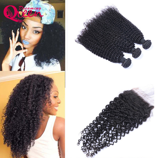 Mogolian Kinky Curly 100% Virgin Human Hair Extensions 3 Bundles With 4x4 Lace Closure Double Weft Hair Weaves