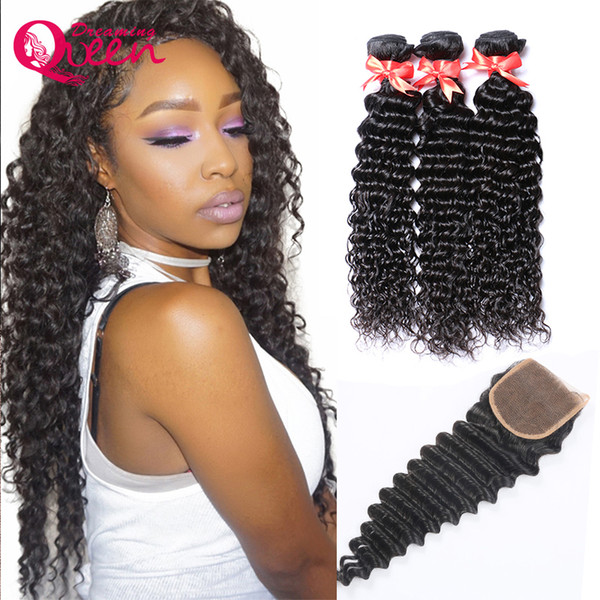 7A Malaysian Virgin Human Hair Extensions Deep Wave 3 Bundles With 4x4 Lace Closure Pre-plucked Hair Weave 