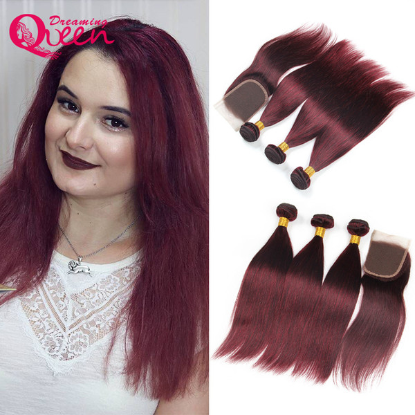 99J Burgundy Ombre Color Brazilian Virgin Human Straight Hair Weave 3 Bundles With 4x4 Lace Closure Pre-plucked Bleached Knots