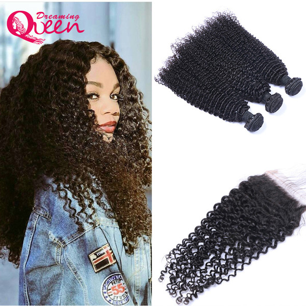 100% Unprocessed Mongolian Virgin Human Hair Kinky Curly Bundles 3 Pcs With 4x4 Lace Closure Natural Hairline 