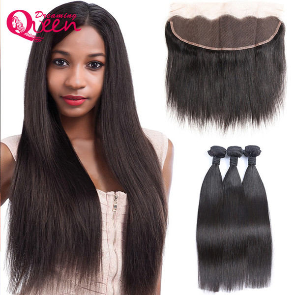 Brazilian Virgin Human Hair Straight Hair Weave 3 Pcs With Ear to Ear Lace Frontal Pre-plucked Natural Color Hair 