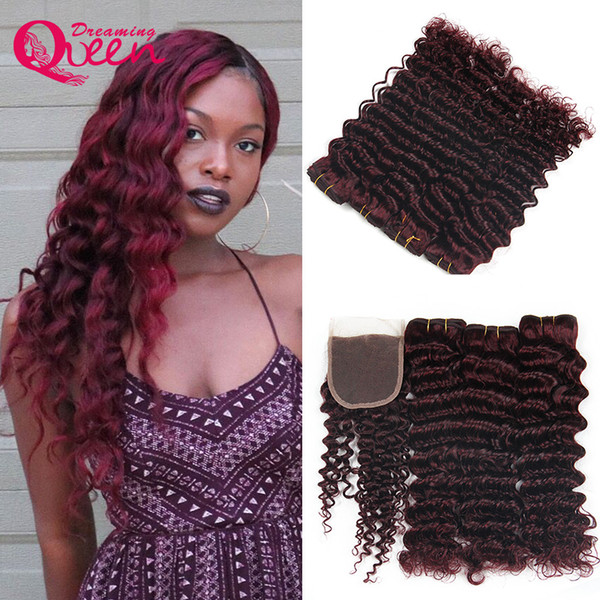 99J Burgundy Color Brazilian Deep Weve 100% Virgin Human Hair Extension 3 Bundles With 4x4 Lace Closure Natural Hairline Baby Hair