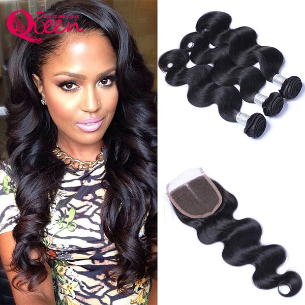 8A Brazilian Hair Bundles with 4X4 Lace Closure Double Weft Human Hair Extensions Dyeable Hair Weaves Closure Body Wave Wavy 