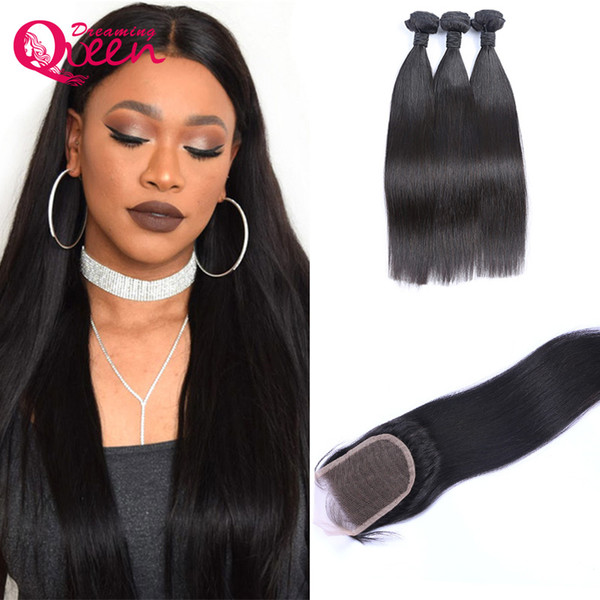 Brazilian Straight Virgin Hair Weaves 3 Bundles with Lace Closures 8A Grade Unprocessed Malaysian Peruvian Indian Cambodian Remy Human Hair