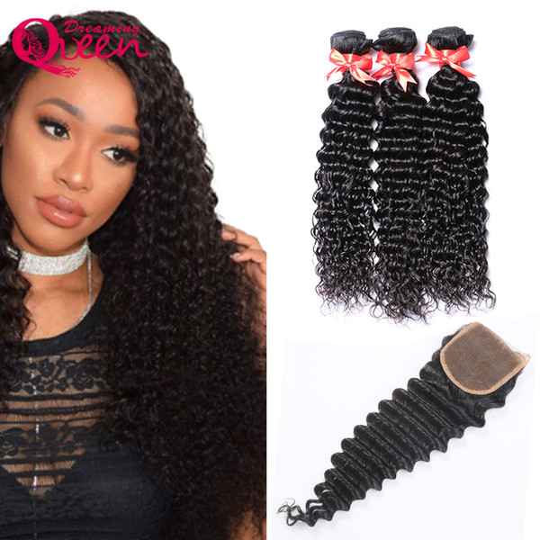 Lace Closure With Brazilian Hair 3 Bundles Deep Wave Virgin Human Hair Weave Unprocessed Indian Malaysian Peruvian Hair Extensions