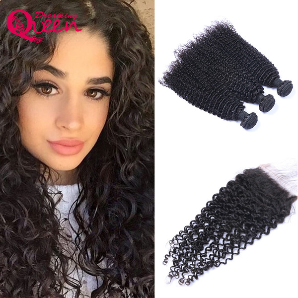 Wholesale Brazilian Kinky Curly Hair With Closure 4x4 Lace Closure With 3 Bundles 100% Brazillian Curly Virgin Human Hair Extensions