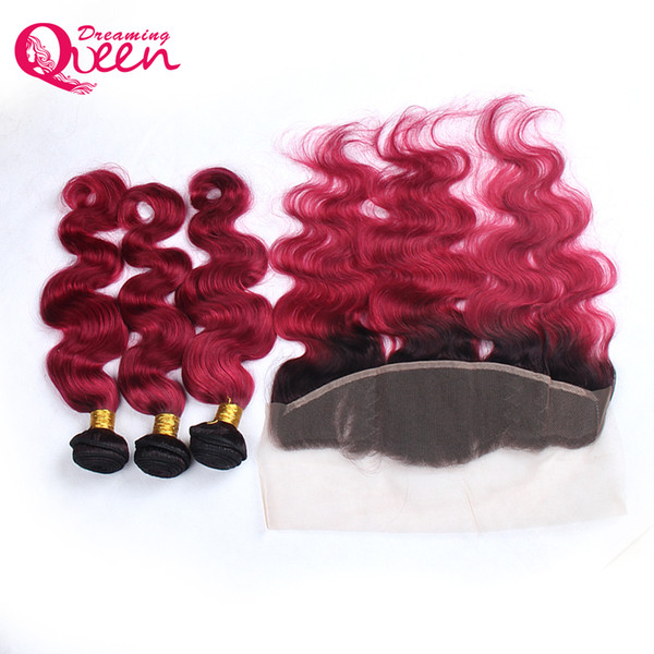 1B Burg Body Wave Ombre Brazilian Virgin Human Hair Weaves 3 Bundles With 13x4 Lace Frontal Pre-plucked Frontal