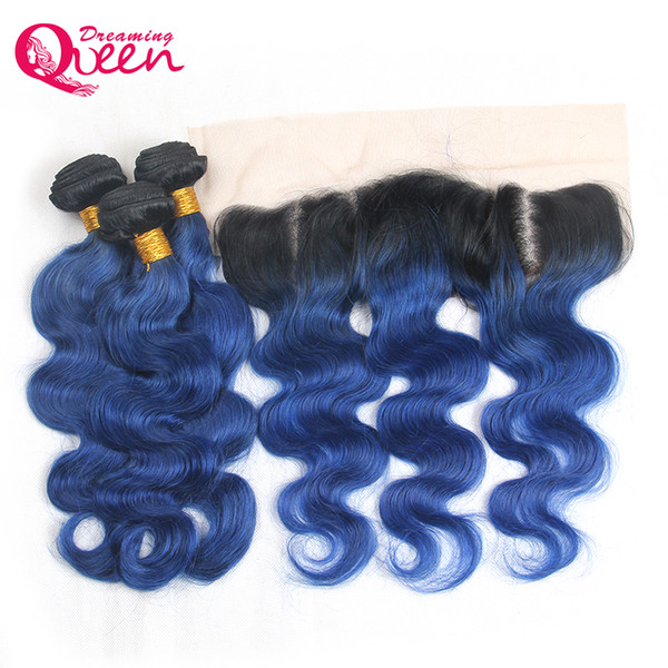 1B Ocean Blue Body Wave Ombre Brazilian Virgin Human Hair Weaves 3 Bundles With 13x4 Ear to Ear Bleached Knots Lace Frontal Closure