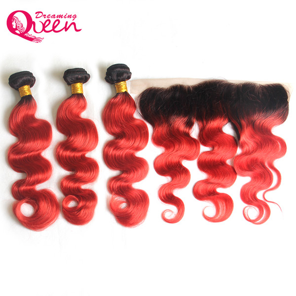 T1B Red Body Wave Ombre Brazilian Virgin Human Hair Weaves 3 Bundles With 13x4 Ear to Ear Bleached Knots Lace Frontal Closure With Baby Hair