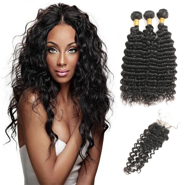 Malaysian Virgin 100% Unprocessed Human Hair Extensions Deep Wave 3 Bundles Laflare Hair With 3 Part Lace Closure