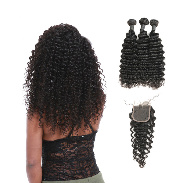 Hot Sale Human Hair Weaving Silky Brazilian Deep Wave Hair Extensions 3 Bundles With 3 Part Lace Closure