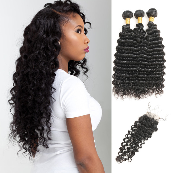 Cheap Hair Bundle 100G With 3 Part Lace Closure Deep Wave Peruvian Unprocessed Virgin 3 Bundles Within Closure 4*4