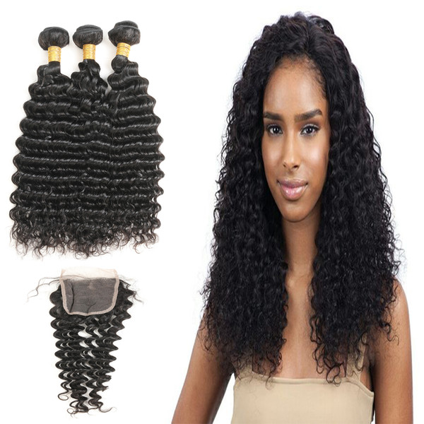 Laflare Hair Product Brazilian Natural Virgin Deep Wave 3 Bundles With Free Part Body Wave Closure Within 4*4