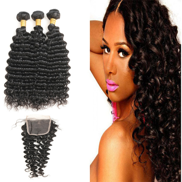 Best Selling Indian Natural Black Virgin Soft Human Hair Deep Wave Bundles 3 Bundles With Free Part 4*4 Closure For Sale