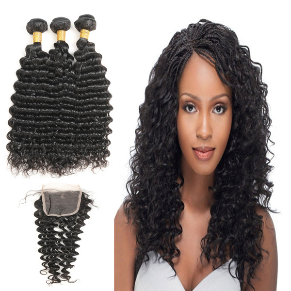 Grade 9A Malaysian Virgin Real Human Hair Bundles 3 Bundles With Free Part Deep Wave Closure 