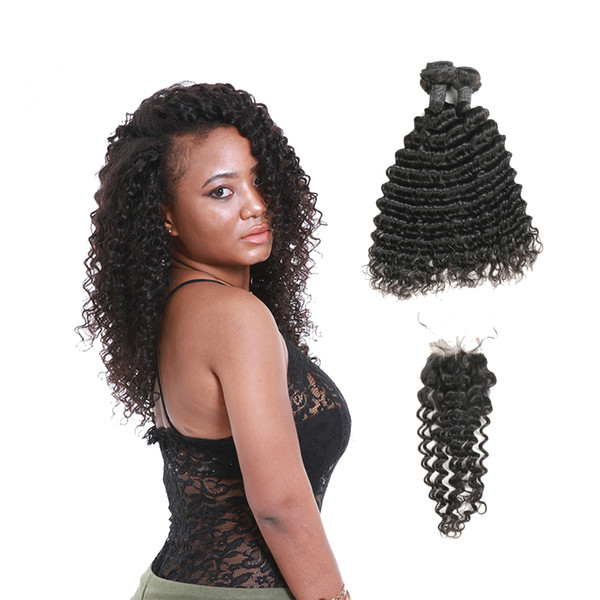 Best Selling Indian Deep Wave Soft Unprocessed Virgin Natural Human Hair 3 Bundles With 3 Part Lace Closure