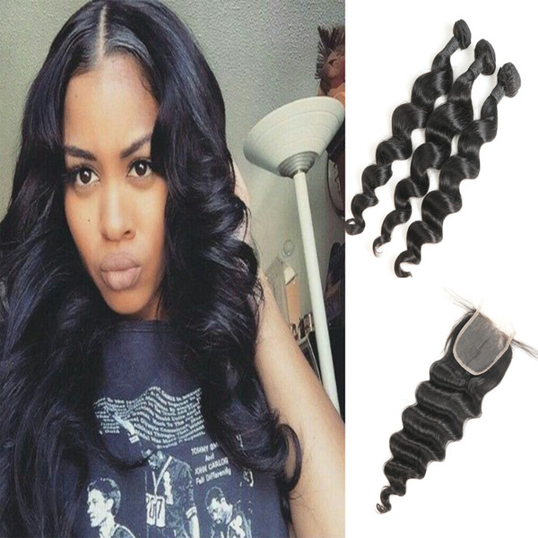 Grade 9A Laflare Hair Products Indian Loose Wave Hair Extensions 3 Bundles With 4*4 Three Part Lace Closure