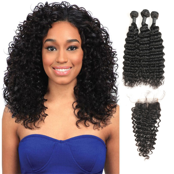 Peruvian Unprocessed Virgin Human Hair Deep Wave 3 Bundles With Middle Part Closure Factory Directly Supply